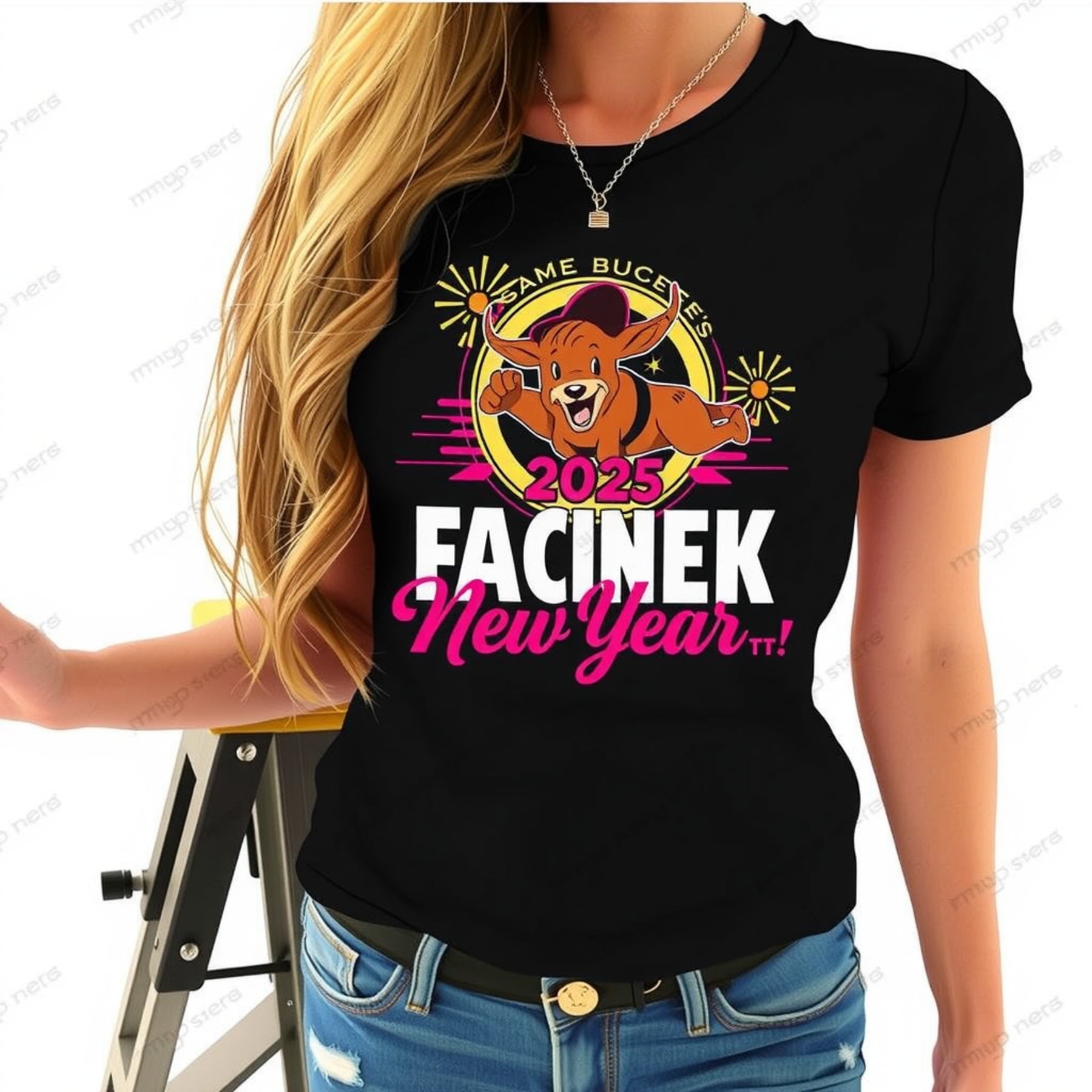 2025 FACINEK New Year Black TShirt with Cartoon Design Casual Relaxed
