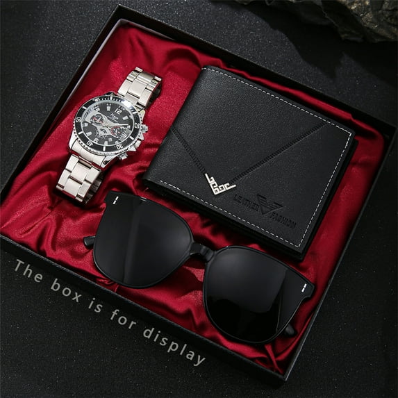 2025 Fake Three-Eye Simple All-Match Men's Quartz Belt Watch Sunglasses Wallet 3-Piece Set
