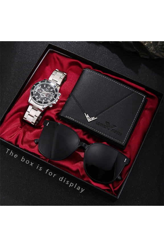 2025 Fake Three-Eye Simple All-Match Men's Quartz Belt Watch Sunglasses Wallet 3-Piece Set