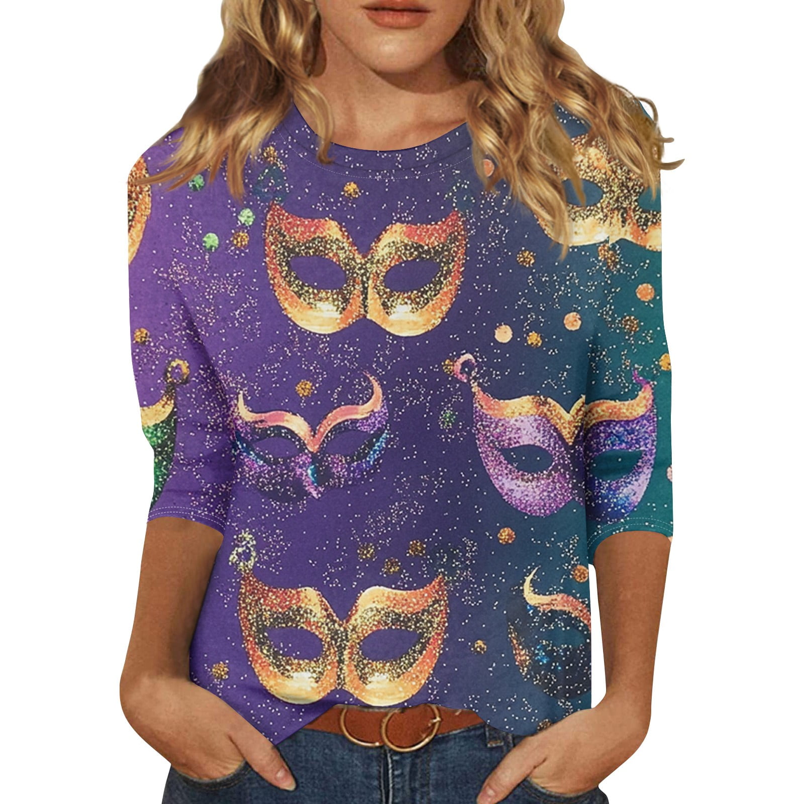 2025 Fall Fashion 3/4 Length Sleeve Tops for Women Carnival Printed
