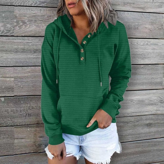 2025 Fall Fashion Women's Sweatshirts Long Sleeves Loose Casual Hooded Drawstring Pocket Half Solid Color Cropped Pullover Fleece Quarter Button Hoodies Plus Size