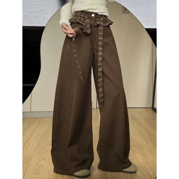2025 Fall New Women Maillard Retro Jeans Korean Style Plaid Patchwork Straight Leg Pants