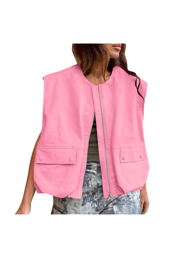 2025 Fall Spring Vest for Women Casual Loose Fit Sleeveless Hoodless Zip Up Jacket Trendy Winter Coat Outerwear
