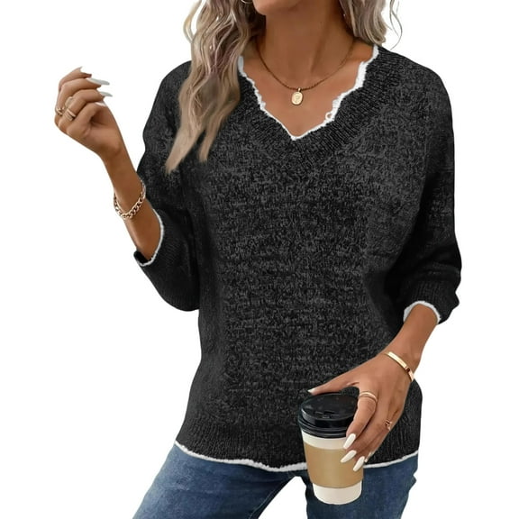 2025 Fall V Neck Sweater Casual Long Sleeve Lightweight Ribbed Knit Pullover Sweaters Dressy Casual Tops Black L