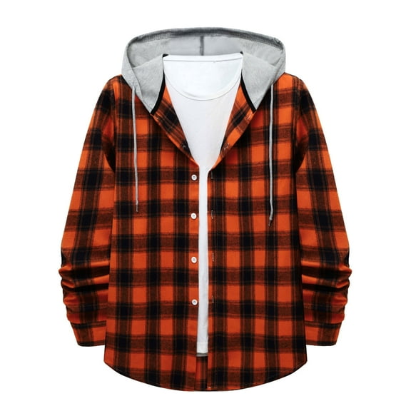 2025 Fall Winter Plaid Shirt for Men Hooded Long Sleeve Collar Button Down Shirt Regular Fit Flannel Cozy Mens Shirt