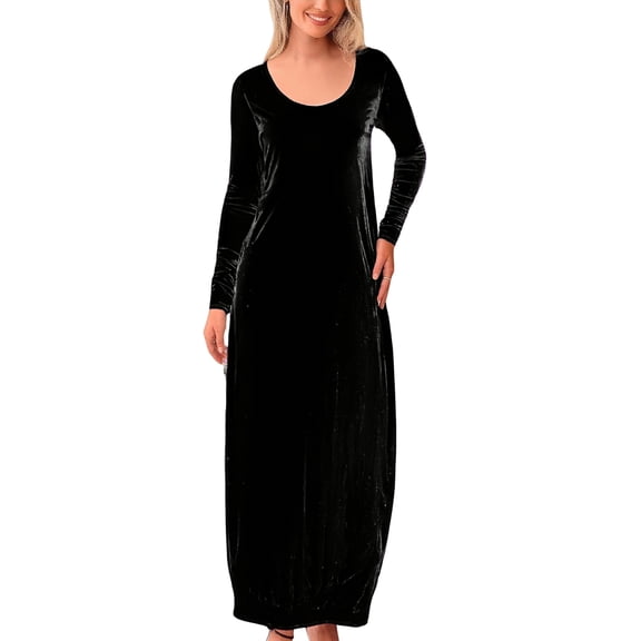 2025 Fall Winter Soft Velvet Pullover Dress Fashion U Neck Slim Women Dresses Long Style Elegant Atmospheric Loose Dress Party Dresses Long Sleeve Warm Maxi Dresses Black S