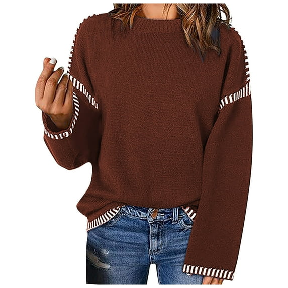 2025 Fall Winter Sweaters for Women Fashion Crewneck Long Sleeve Contrast Cable Knit Pullover Sweater Jumper Tops