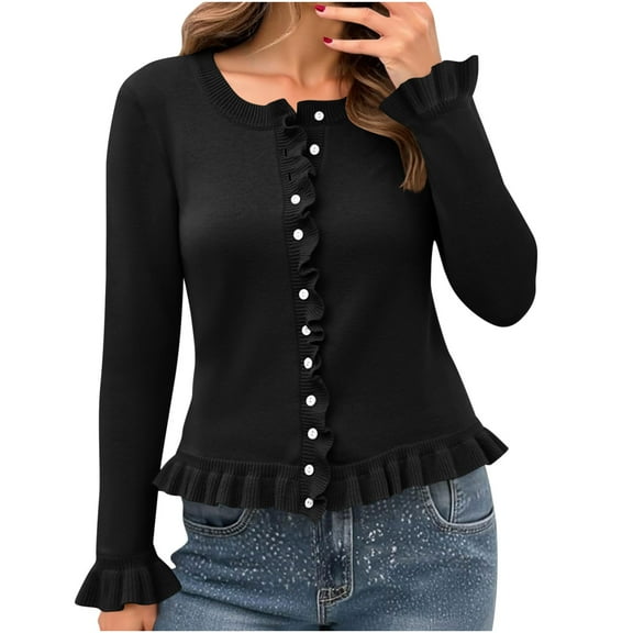 2025 Fall Winter Women Ruffle Cardigan Sweaters Button Up Crew Neck Long Sleeve Cropped Sweater Cute Soft Knit Tops