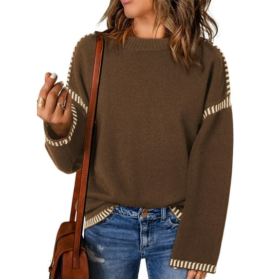 2025 Fall Winter Women'S Oversized Solid Color Round Neck Long Sleeve Color Block Cable Knit Pullover Sweater