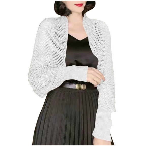 2025 Fall Women's Cropped Cardigan Shrug Hollow Out Mesh Crochet Shawl Tops Open Front Long Sleeve Outerwear