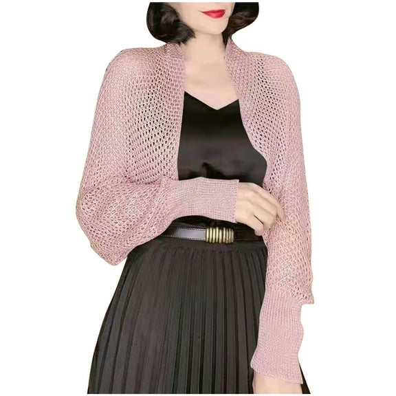 2025 Fall Women's Cropped Cardigan Shrug Hollow Out Mesh Crochet Shawl Tops Open Front Long Sleeve Outerwear