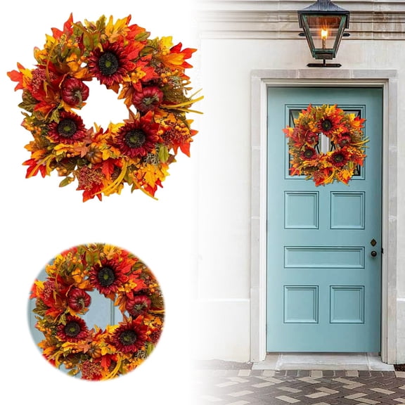 2025 Fall Wreaths for Front Door 45CM Autumn Wreath with Pumpkin Sunflowers Maple Leaves and Berries Farmhouse Style Indoor Outdoor Thanksgiving Halloween Harvest Home Decor for Front Door Wall
