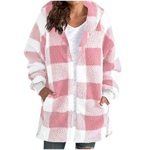 2025 Fall and Winter Fashion Plaid Jackets for Womens Plus Size Coat Loose Hooded Side Pocket Mid Length Oversized Jacket Pink S-2XL