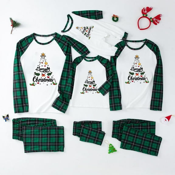 2025 Family Matching Christmas Pajamas Set,Chrismas Printed Long-Sleeved Tshirt Tops and Plaid Trousers Holiday Sleevewear Family Parent-Child Clothing