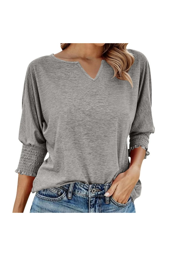 2025 Fashion Blouses for Women Dressy Casual Loose 3/4 Length Sleeve V Neck Tunic Tops with Smocked Cuffs