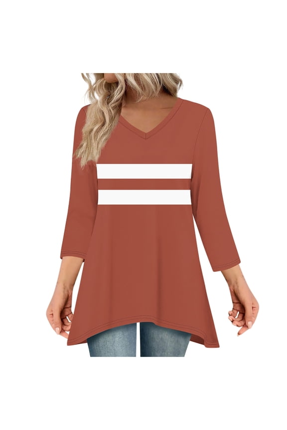 2025 Fashion Dressy Women's Long Length Blouses Printed Shirt V-neck Fashionable Casual Loose Fit 3/4 sleeve T-shirt top Wear with Leggings Swing