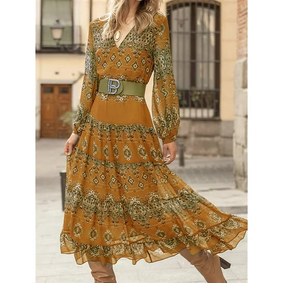 2025 Fashion Long Sleeved V-neck Dress Women's Elegant Large Swing Dress Ladies Summer Casual Dress