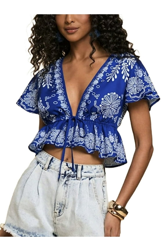 2025 Fashion Short Tops Spring and Summer Vacation Short Sleeve Women'S Wear Ladies New Low Cut V Neck Royal Blue M