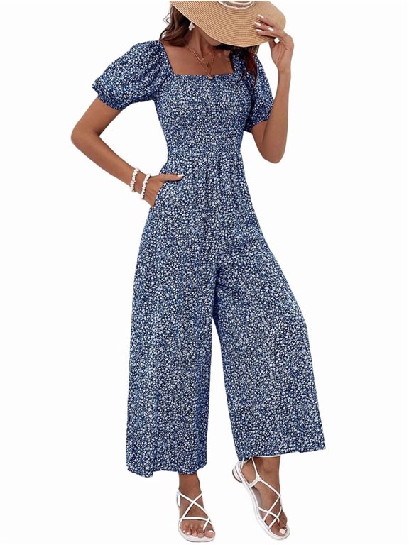 2025 Fashion Women'S Summer Jumpsuit Floral Casual Loose Wide Leg Short Sleeve Bodysuit Set Blue M