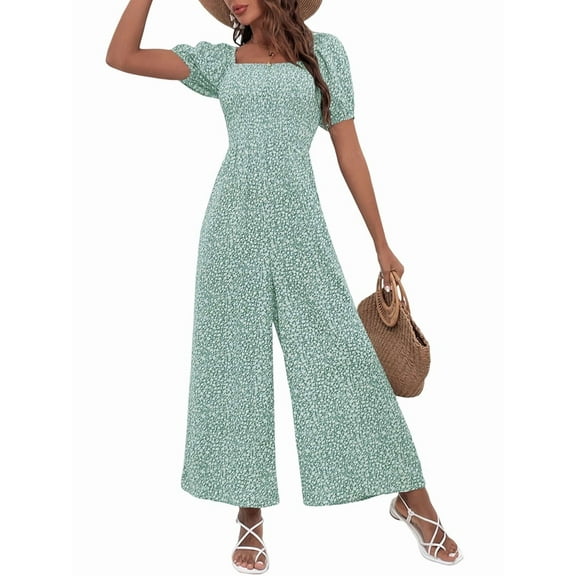 2025 Fashion Women'S Summer Jumpsuit Floral Casual Loose Wide Leg Short Sleeve Bodysuit Set Light Green XL