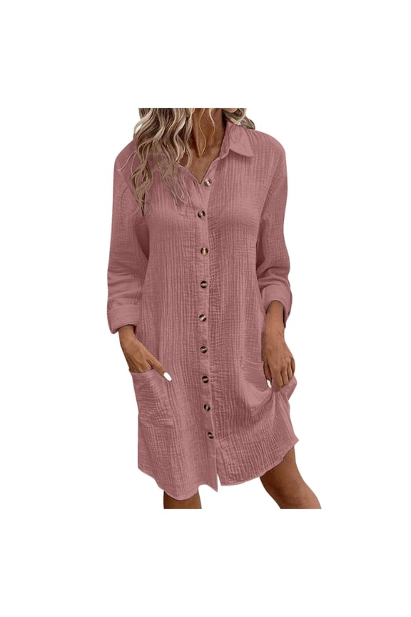 2025 Fashion Women's Long Button Down Shirt Dress Loose V-neck Cotton Linen Solid Color Dress Summer Vacation Beach Sundress