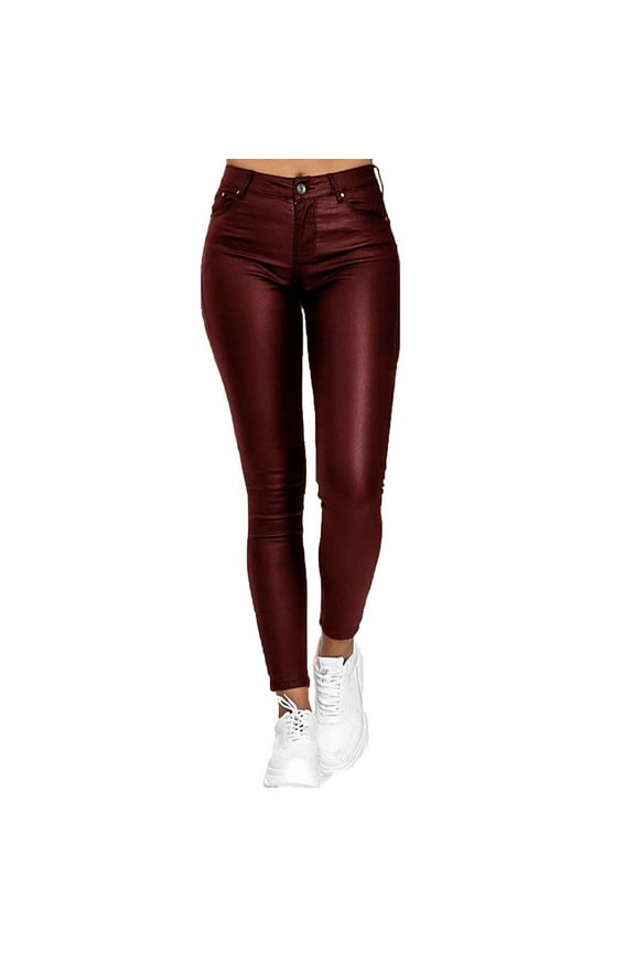 2025 Faux Leather Pants Womans High Rise Stretch Full Length Skinny Pants Fashion Tight PU Leather Jeggings (XL, Wine)