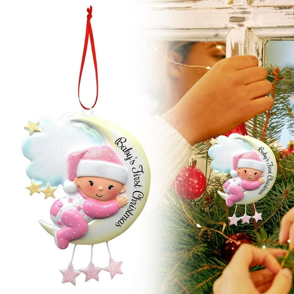 2025 First Christmas Ornament – on Moon - Personalized Holiday Keepsake – My 1st Christmas Ornament – Engraved Gift for 1st Xmas(Pink)
