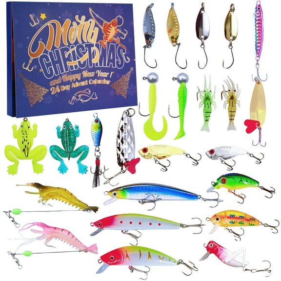 2025 Fishing Advent Calendar, 24 Days Of Fishing Tackle Surprises, For Anglers S Gentlemen Teenagers Boys Spoon Soft Wobblers Minnows Frogs