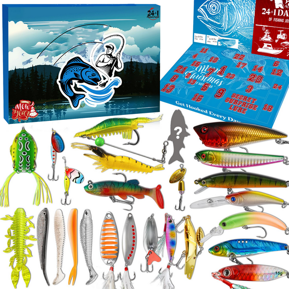 2025 Fishing Advent Calendar Christmas Countdown – 24+1 Fishing Lures Set with Mystery Surprise, Holiday Gift for Anglers, Men, Teen, and Fishing Enthusiasts, Unique Xmas Outdoor Gift