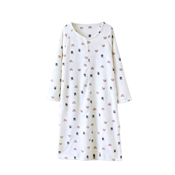 2025 Flannel Nightgown Women's Cute Rabbit Print Fuzzy Fleece Warm Winter Nightdress Loose Long Sleeve Sleepwear