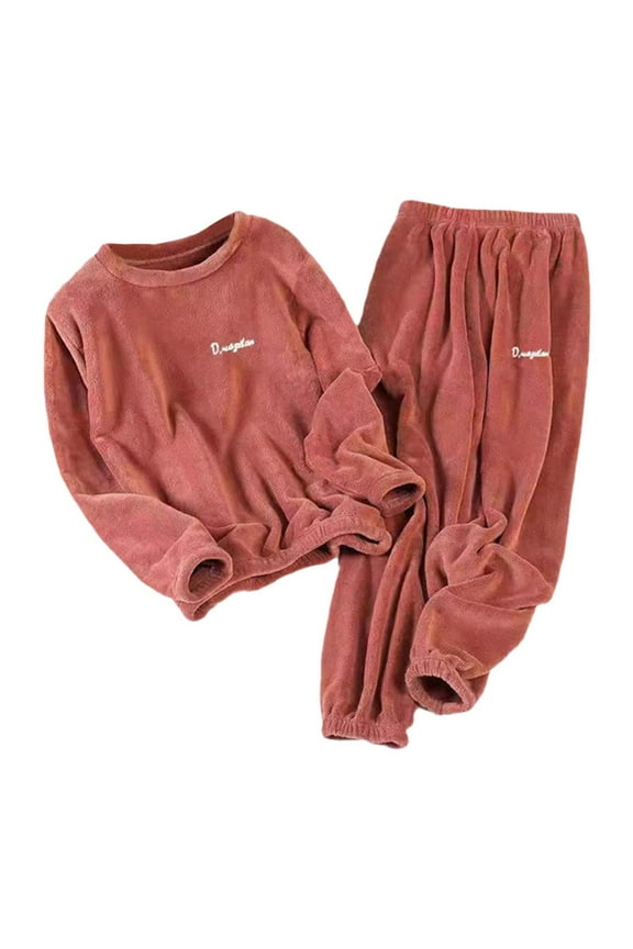 2025 Fleece Pajamas Set for Couples Long Sleeve Lounging Warm Sleepwear High Elastic Crewneck Loungewear Sherpa Night,Color:Brick Red,Size:5XL