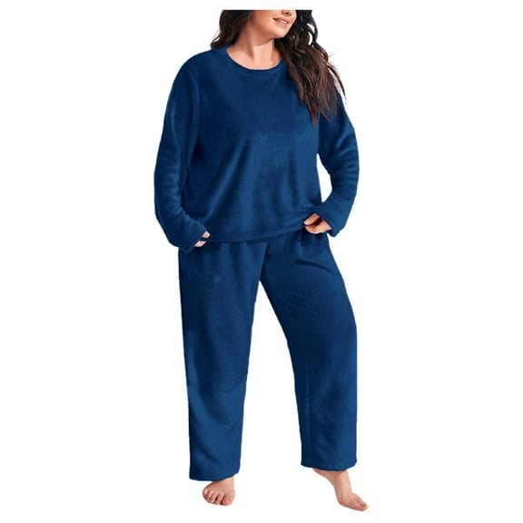 2025 Fleece Pajamas Set for Women Plus Size Long Sleeve Lounging Warm Sleepwear High Elastic Crewneck Loungewear Sherpa Night,Color:Navy,Size:XXL
