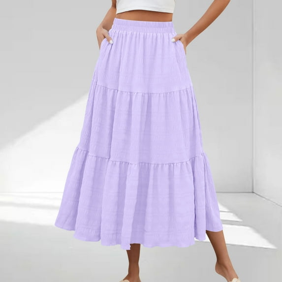 2025 Flowy Skirts for Women Summer High Waist Long Skirt Solid Color Below Knee High Waist Skirts for Women with Pockets Home Vacation Wardrobe