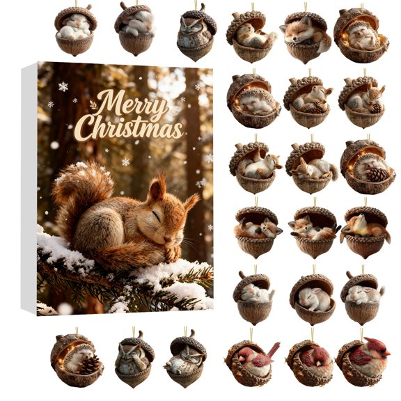 2025 Forest Animal Acorn Ornaments Advent Calendar 24 2D Acrylic Hanging Warm Christmas Decorations for Lovely Home Decor