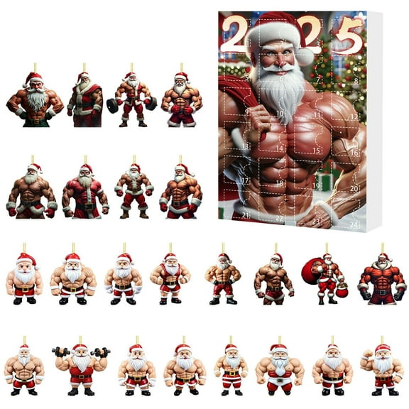 2025 Funny Muscular Old Man Christmas Advent Calendar 24 Days of Christmas Advent Calendar Christmas Tree Hanging Ornaments 2D Santa Countdown Calendar Christmas Decoration for Home Party