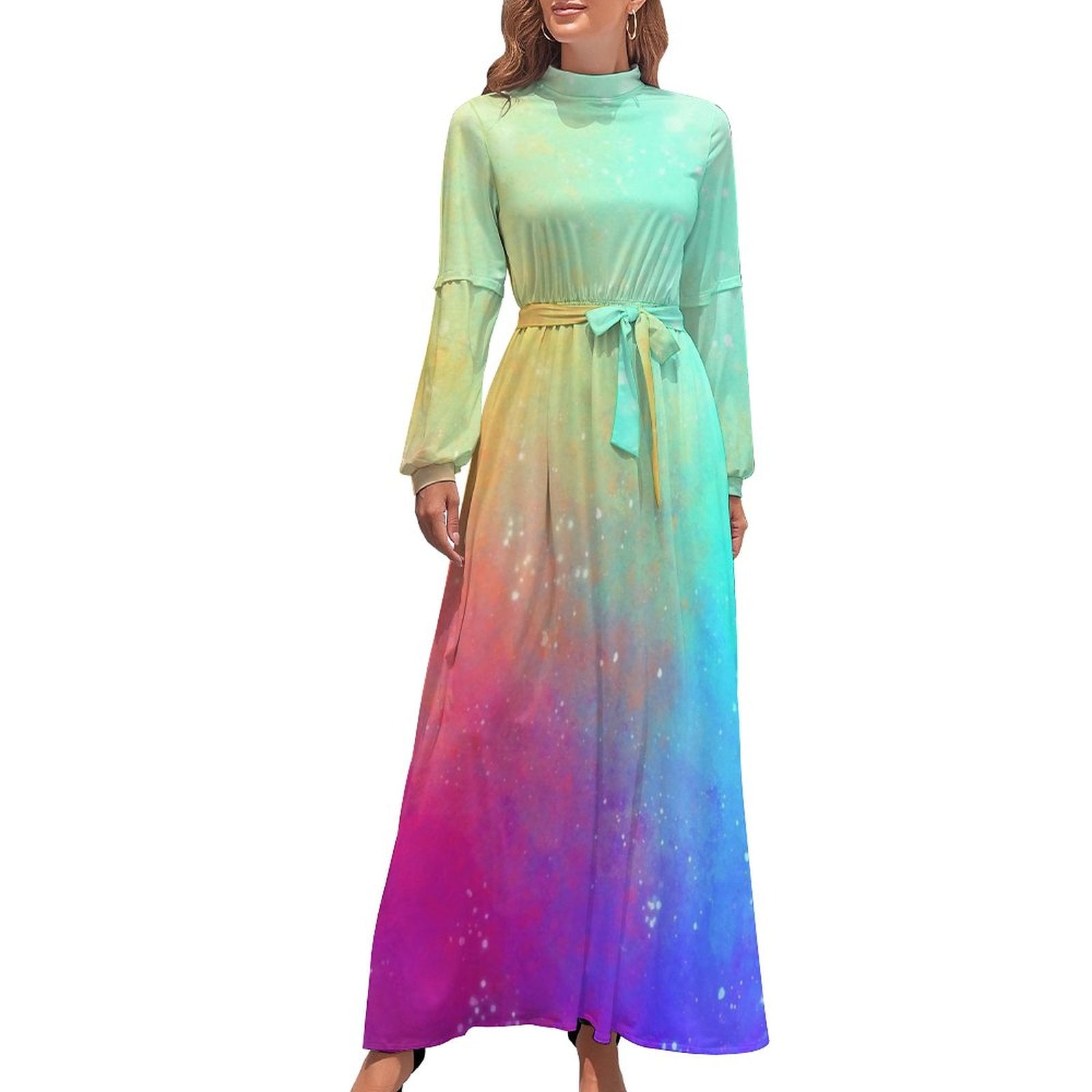 2024 Galaxy Sky Print Dress High Neck Crescent Moon Space