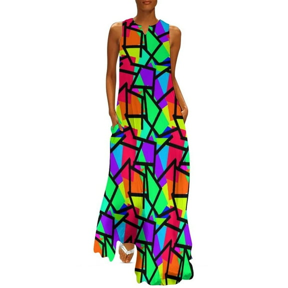 2025 Geometric 80S Dress Summer Vibrant Retro Style Graffiti Street Wear Casual Long Dresses Lady Graphic Trendy Maxi Dress Big Size