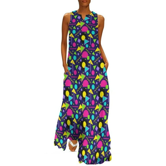 2025 Geometric 80S Dress Summer Vibrant Retro Style Graffiti Street Wear Casual Long Dresses Lady Graphic Trendy Maxi Dress Big Size
