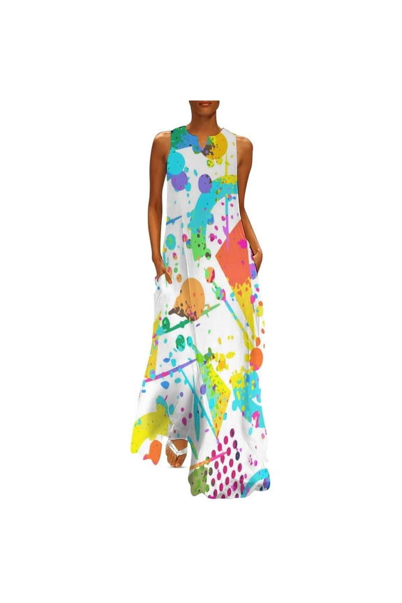 2025 Geometric 80S Dress Summer Vibrant Retro Style Graffiti Street Wear Casual Long Dresses Lady Graphic Trendy Maxi Dress Big Size