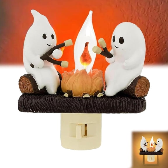 2025 Ghost Campfire Flickering Night Light - 3D Spooky LED Campfire with Ghosts Roasting S'mores, Faux Flame Halloween Decor, Plug-in Wall Lamp for Funny Gifts