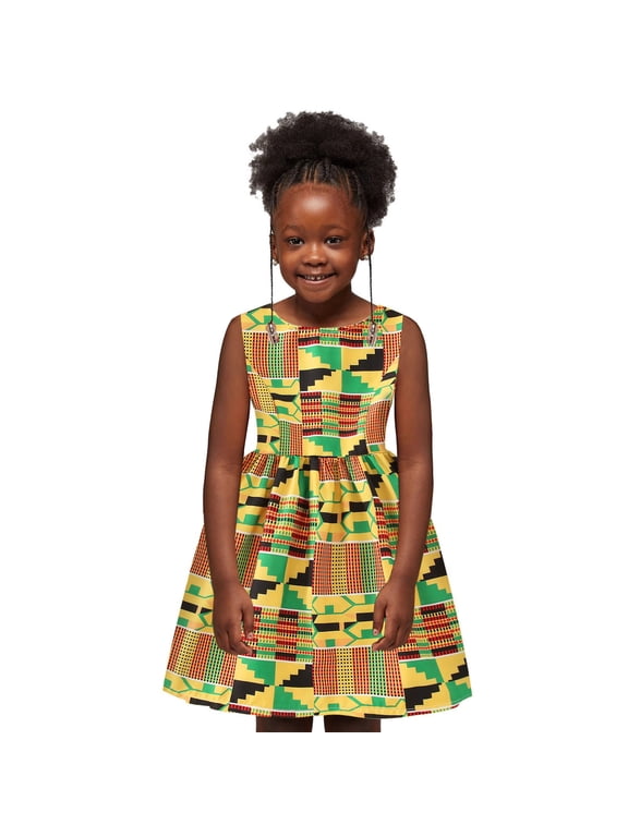 2025 Girls Essentials Dresses African Dashiki Traditional Sleeveless Round Neck Ankara Birthday Dress Size 1-2 Years