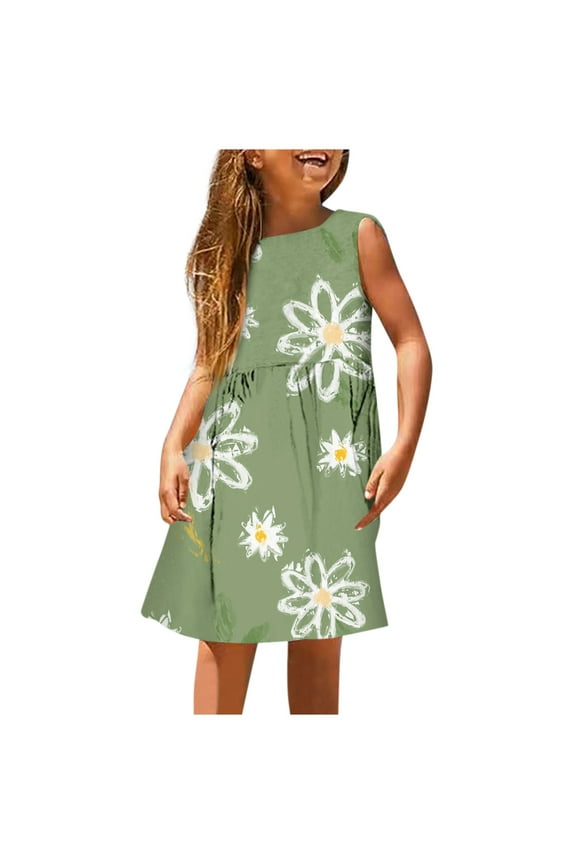 2025 Girls Essentials Dresses Fashion Cute Spring Summer Printed Round Neck Sleeveless Casual Summer Dress Size 11-12