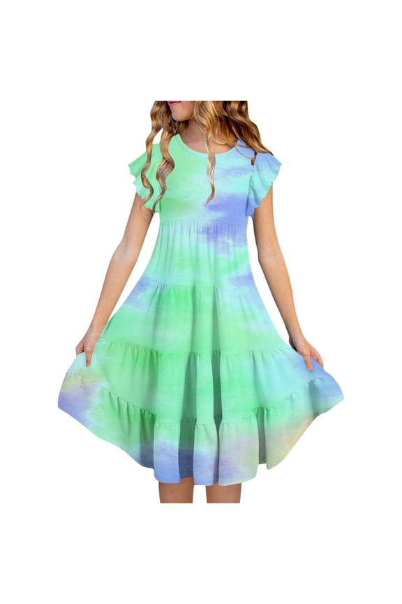 2025 Girls Essentials Dresses Summer Double Layer Flutter Sleeve Flowy A Line Casual Gradient Midi Holiday Party Dress Size 6-7 Years