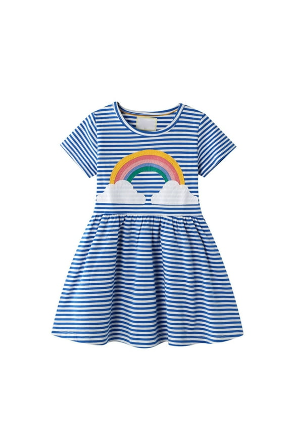 2025 Girls Essentials Dresses Summer Rainbow Stripe Embroidery Pattern Summer Dress Size 3-4 Years