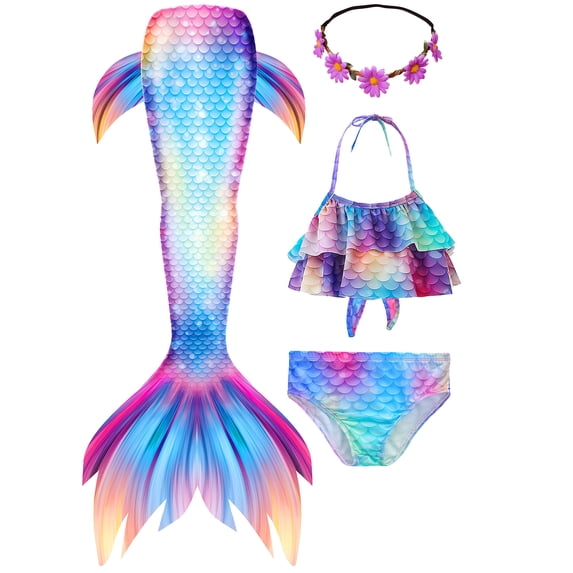 2026 Girls Swimming Mermaid Tail 4 Pcs Sets Kids Mermaid Swimwear