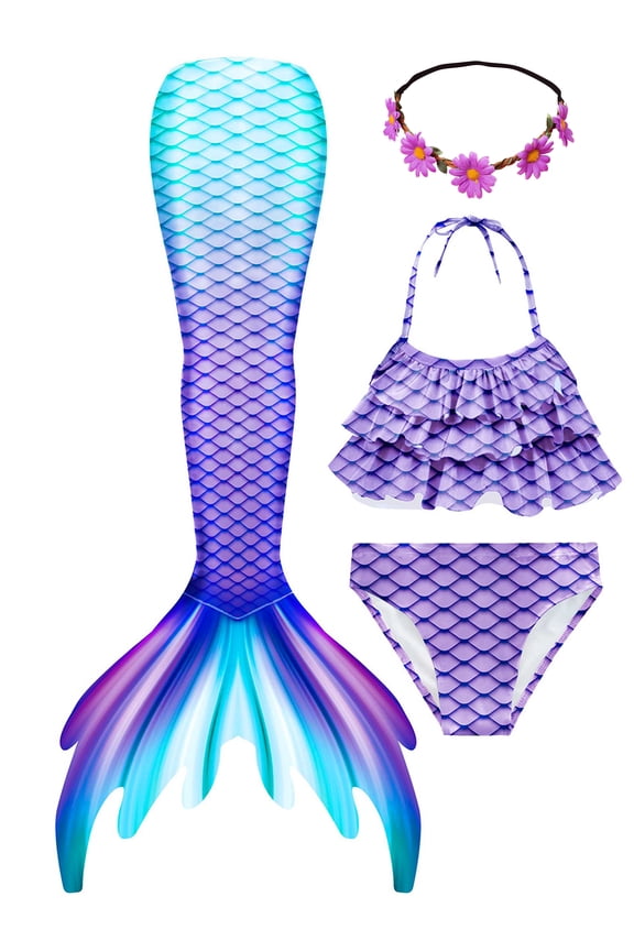2025 Girls Swimming Mermaid Tail 4 Pcs Sets Kids Mermaid Swimwear
