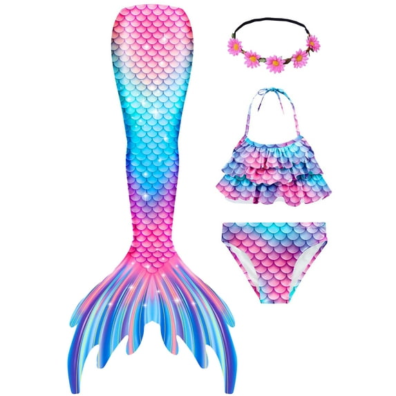 2025 Girls Swimming Mermaid Tail 4 Pcs Sets Kids Mermaid Swimwear