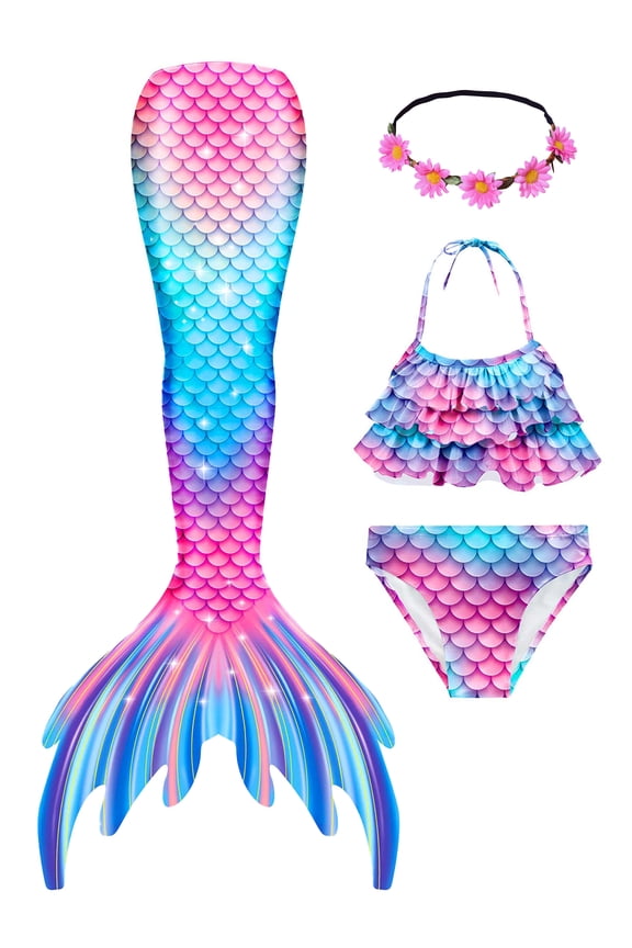 2025 Girls Swimming Mermaid Tail 4 Pcs Sets Kids Mermaid Swimwear