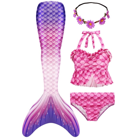 2025 Girls Swimming Mermaid Tail 4 Pcs Sets Kids Mermaid Swimwear