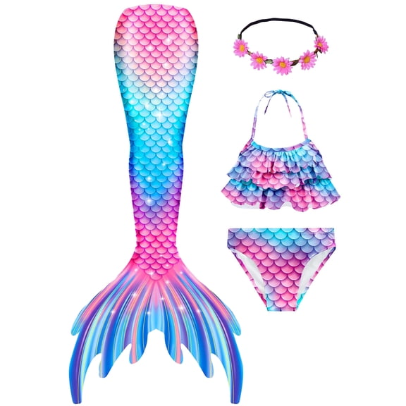2026 Girls Swimming Mermaid Tail 4 Pcs Sets Kids Mermaid Swimwear
